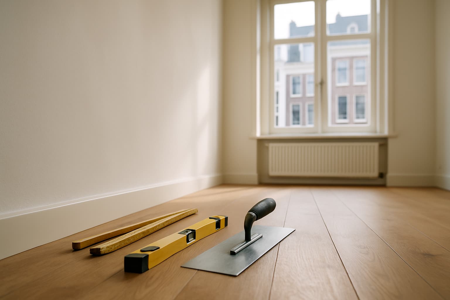 Lichte lege woonkamer met glad gestucte witte wanden en een rolmaat, waterpas en stucspaan op de houten vloer bij daglicht