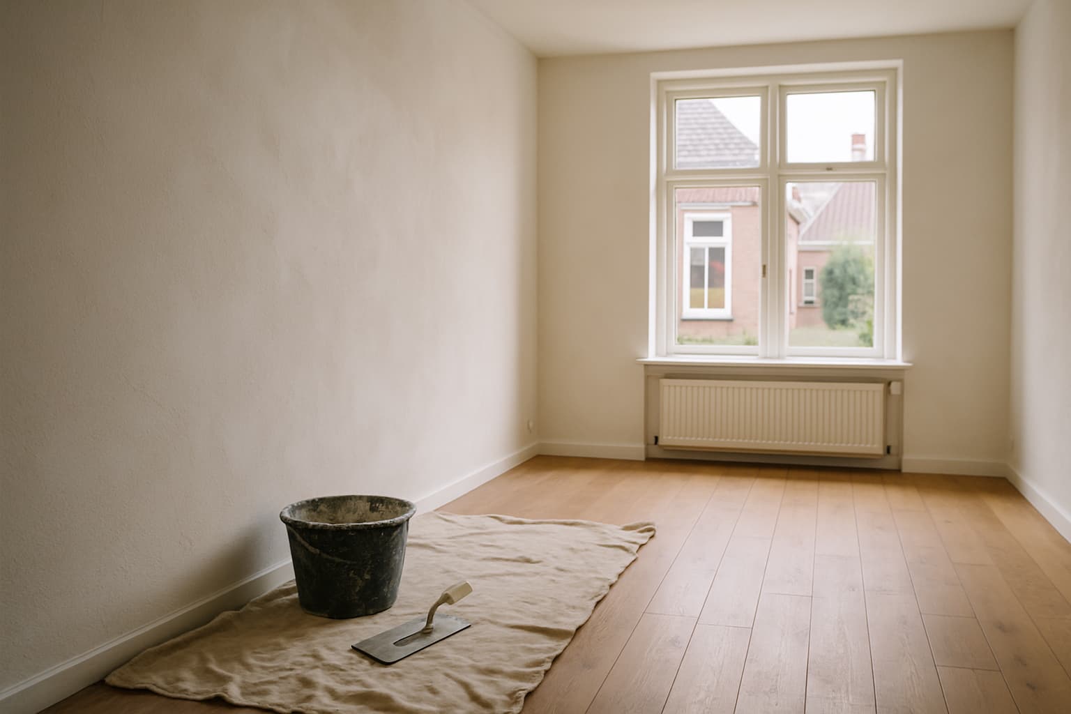 Lichte lege woonkamer met gladgestuukte witte wanden, stofdoeken op de vloer en een stukadoorstroffel bij de muur