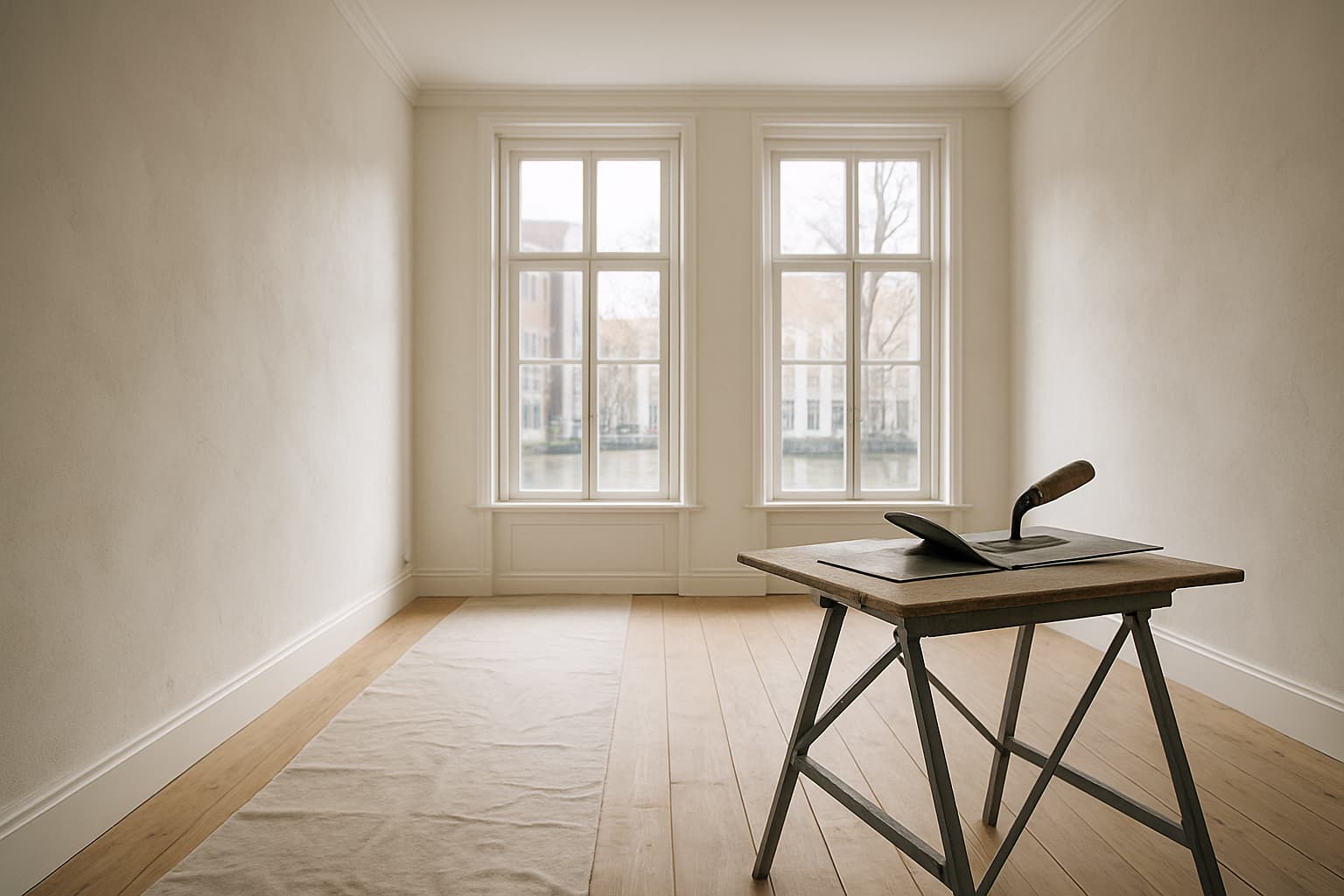 Lichte, lege kamer in een oud herenhuis in Den Bosch met strak gestukadoorde witte wanden, afdekfolie op de houten vloer en stukadoorsgereedschap op een werktafel.