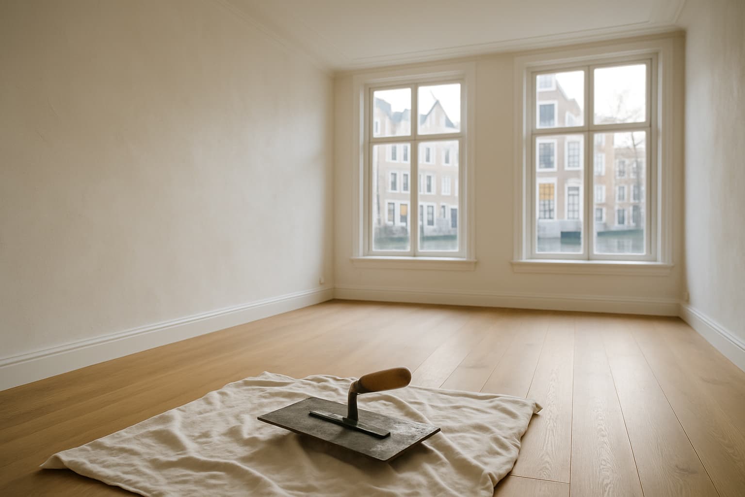 Lichte, lege woonkamer in een oud Dordrechts grachtenpand met strak gestucte witte wanden, hoge ramen en een stucspaan op een afdekzeil