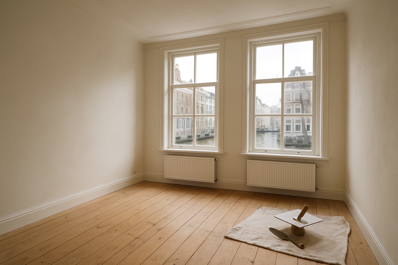 Lichte, lege kamer in een oud Gronings herenhuis met gladgestuukte witte wanden, hoge ramen en stukadoorsgereedschap op een stofdoek