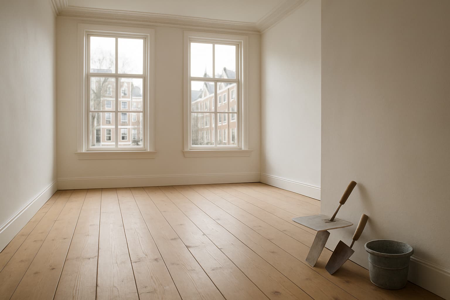 Lichte, lege kamer in een oud grachtenpand in Haarlem met strak gestucte witte wanden, hoog plafond met sierlijst en stucgereedschap tegen de muur