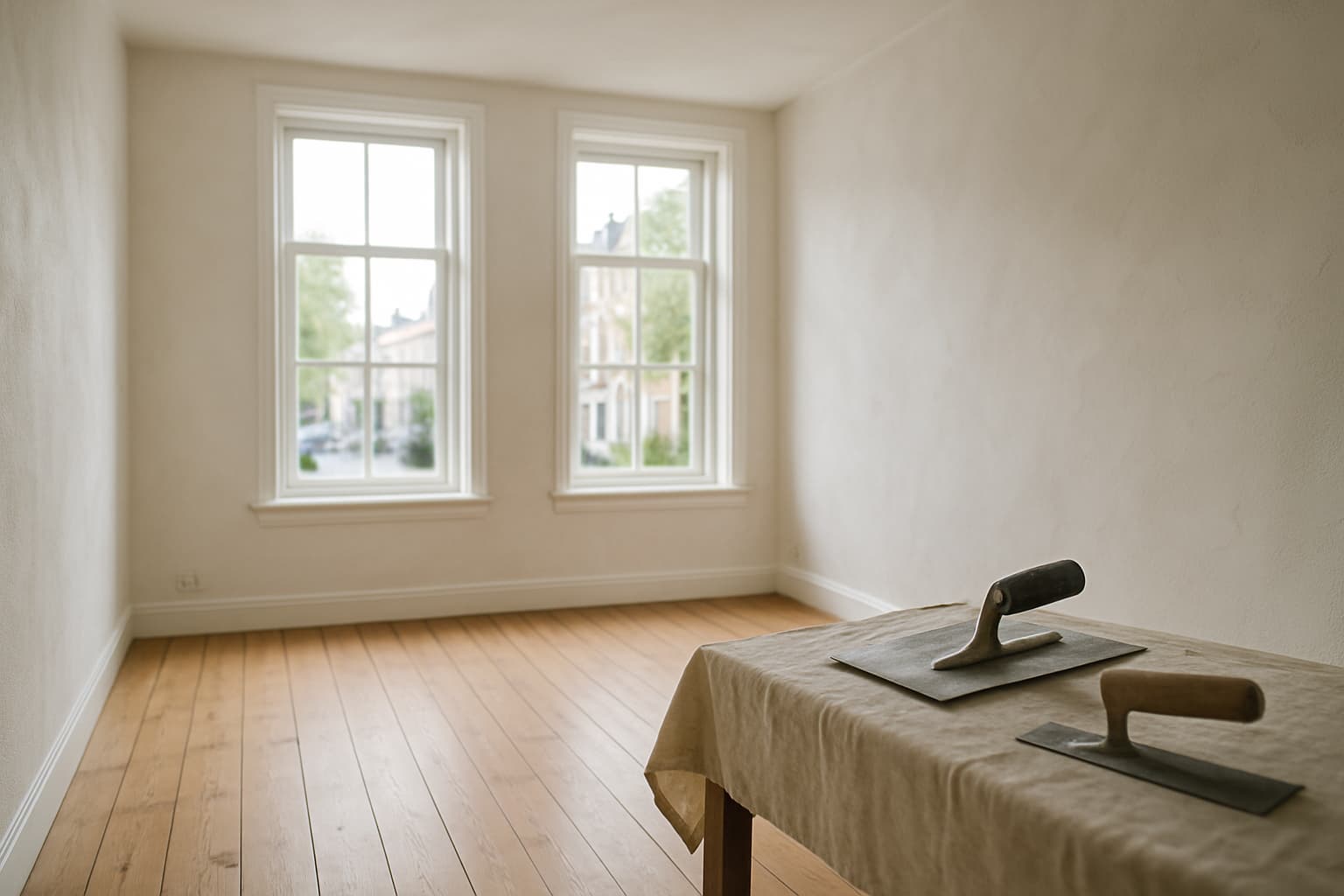 Lichte lege woonkamer in een Leeuwarder herenhuis met strak gestucte witte wanden, hoge ramen en stukadoorsgereedschap op een werkbank