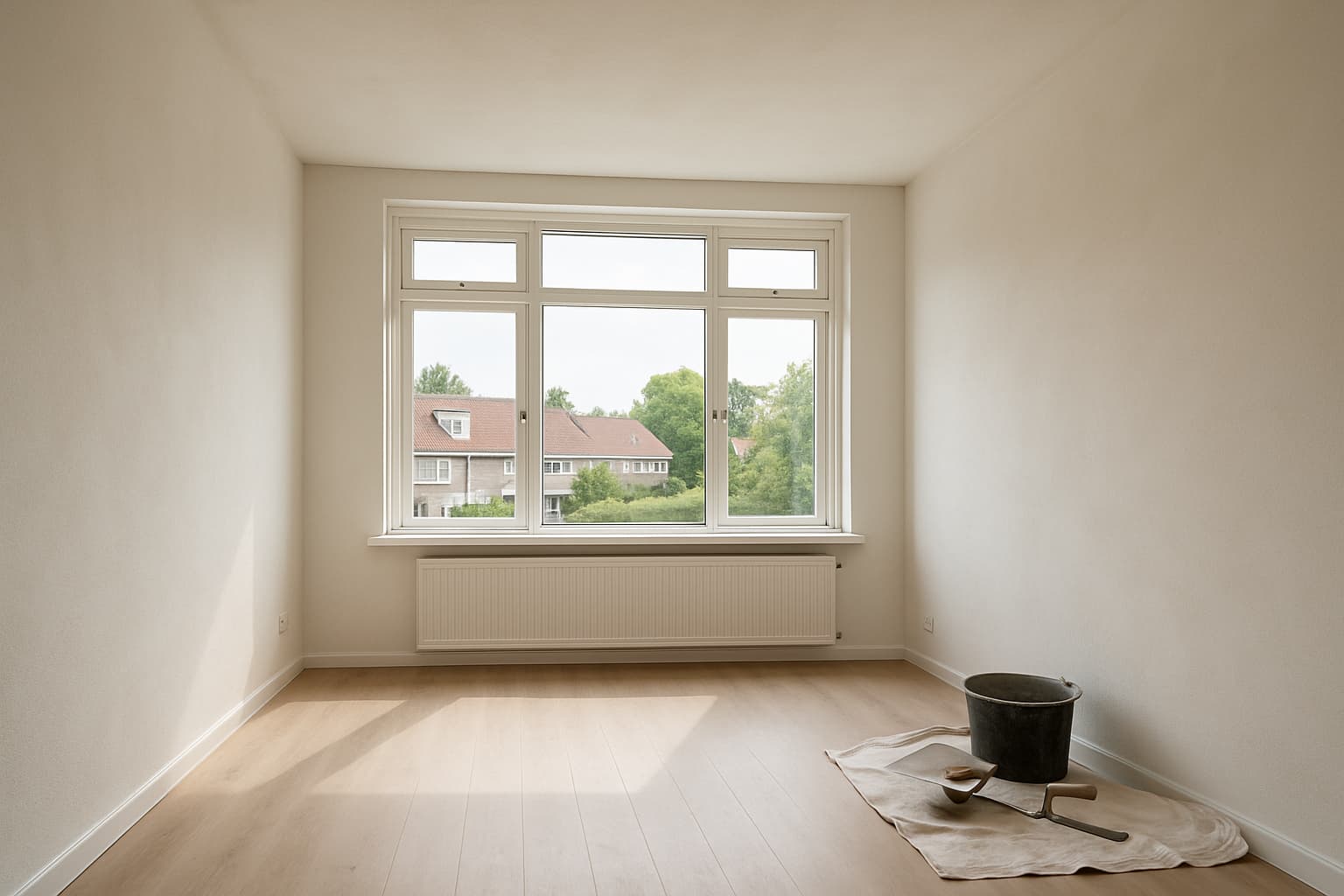 Lichte, lege woonkamer in een Purmerendse woning met glad gestuukte wanden en stukadoorsgereedschap op een stofdoek bij het raam.