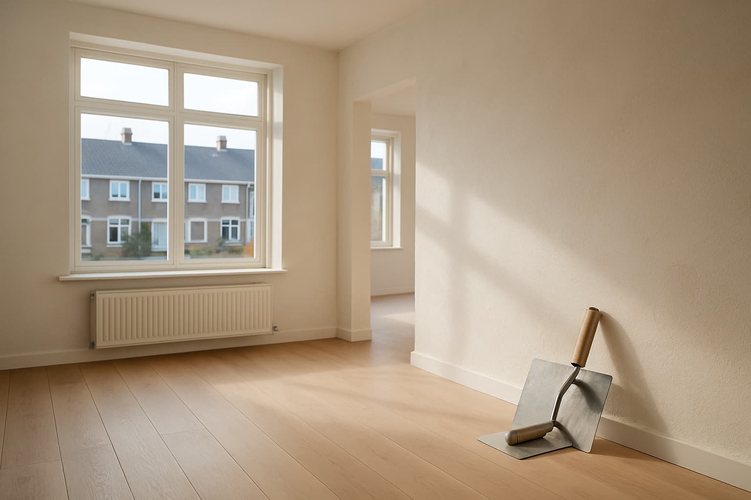Lichte, lege woonkamer met strak gestucte wanden en daglicht door een groot raam, met een stucspaan en troffel tegen de muur